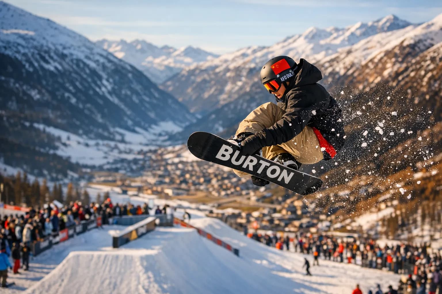 Su Yiming soaring above a slopestyle jump at Livigno Snow Park, with snow spray and the Livigno valley in the background.