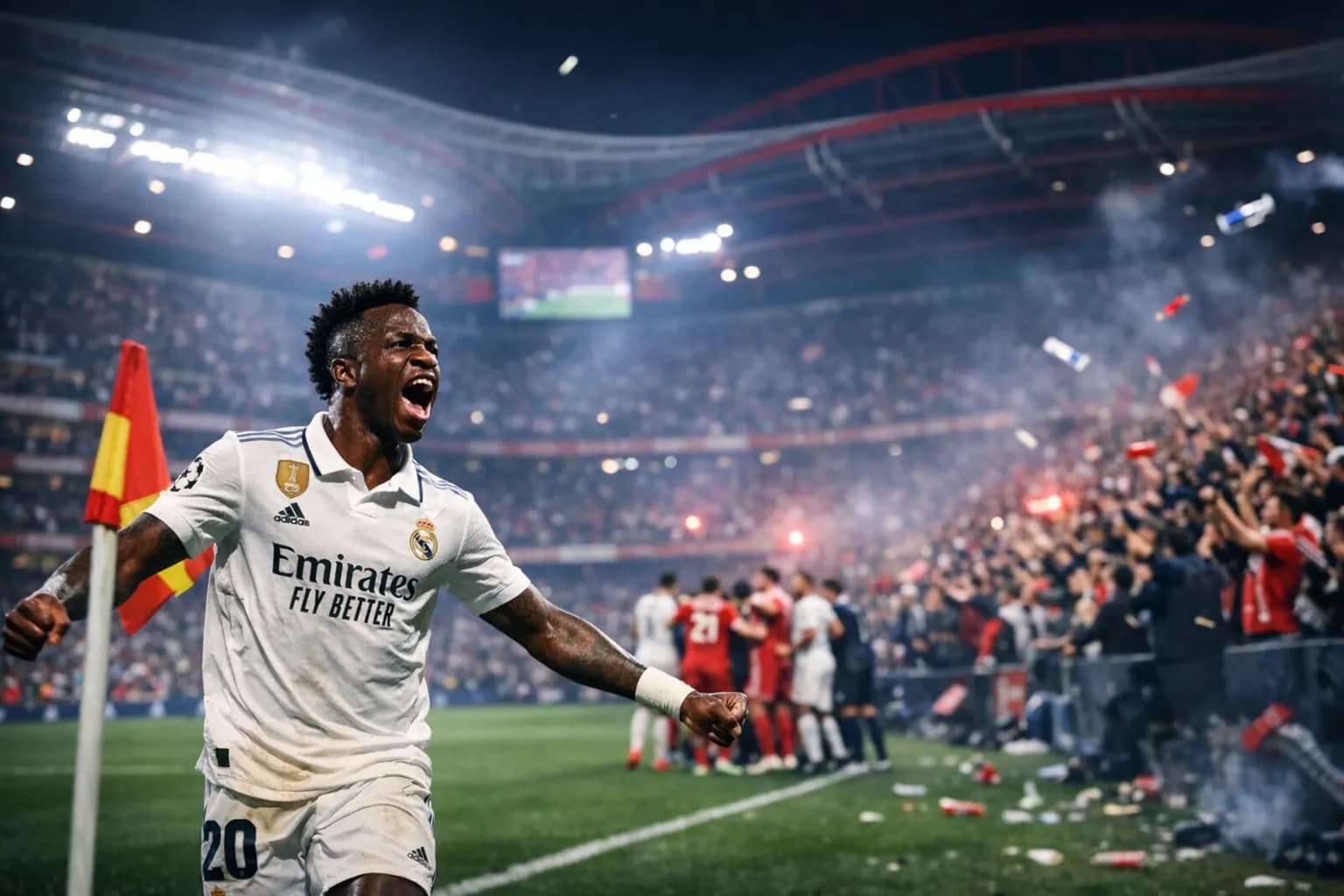 Vinícius Júnior celebrating a goal at Estádio da Luz as players and crowd react in a tense atmosphere