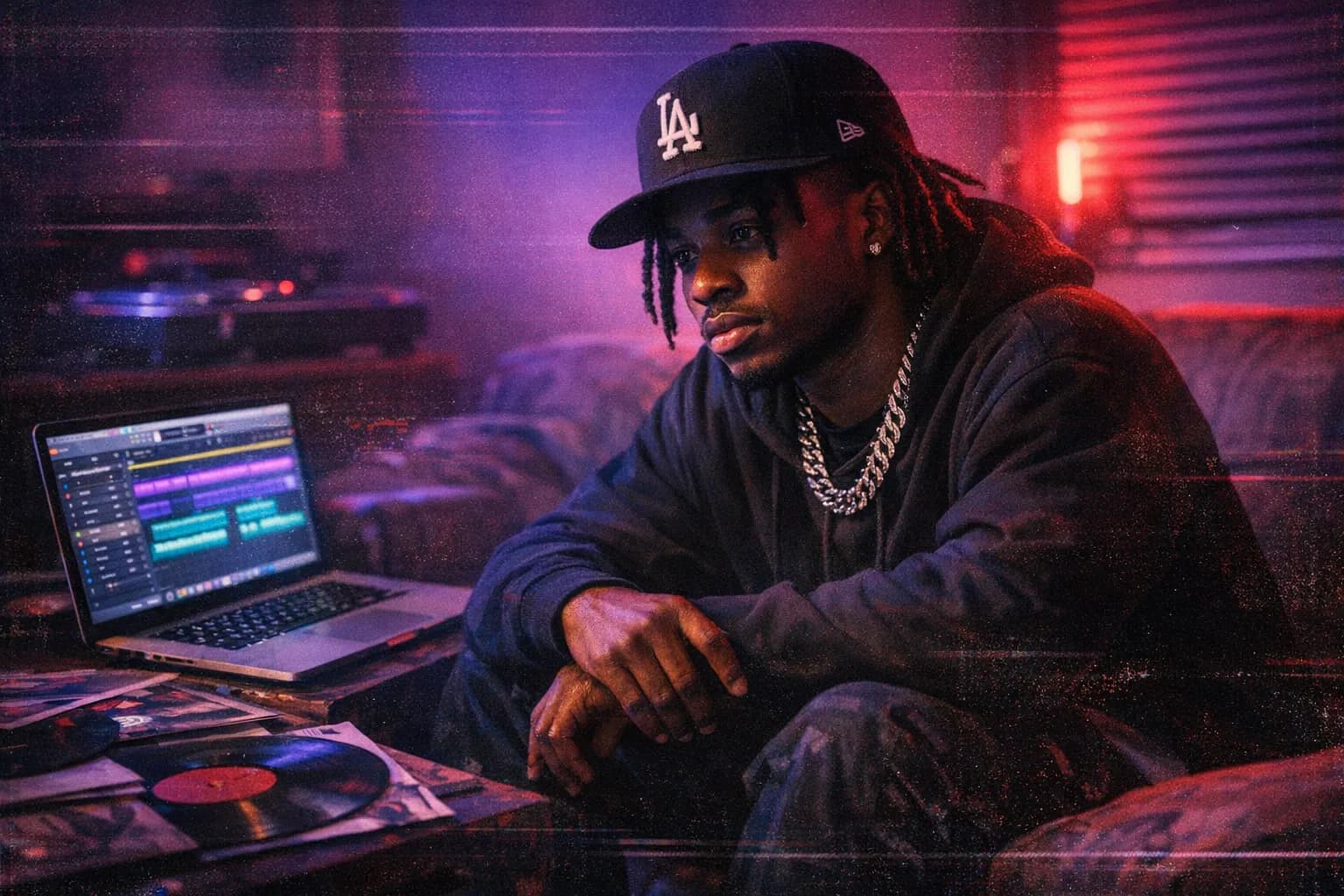 Portrait of Luci4, a young rapper, in a dim neon-lit room with records and a laptop, conveying solitude and creativity.