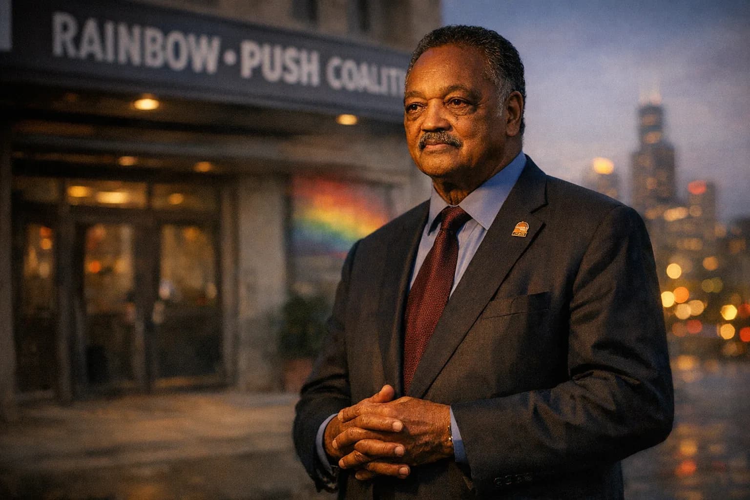 Portrait of Reverend Jesse Jackson standing in front of the Rainbow/PUSH Coalition headquarters with a calm, resolute expression.