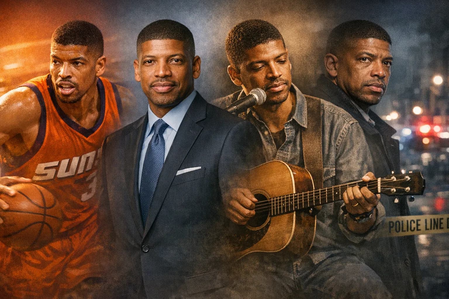 Collage portrait of four notable men named Kevin Johnson: NBA player, corporate CEO, Australian singer with guitar, and a nighttime street news scene.