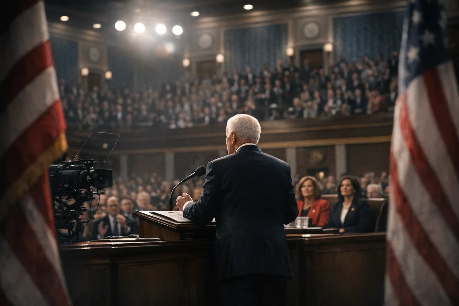 President Donald Trump speaking at the 2026 State of the Union address to a joint session of Congress, with the Speaker and Vice President seated behind him.