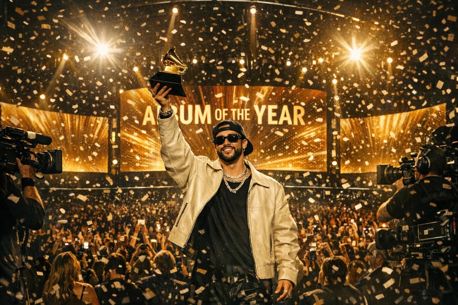 Artist holding Album of the Year trophy onstage at the 2026 Grammy Awards, confetti falling in Crypto.com Arena.