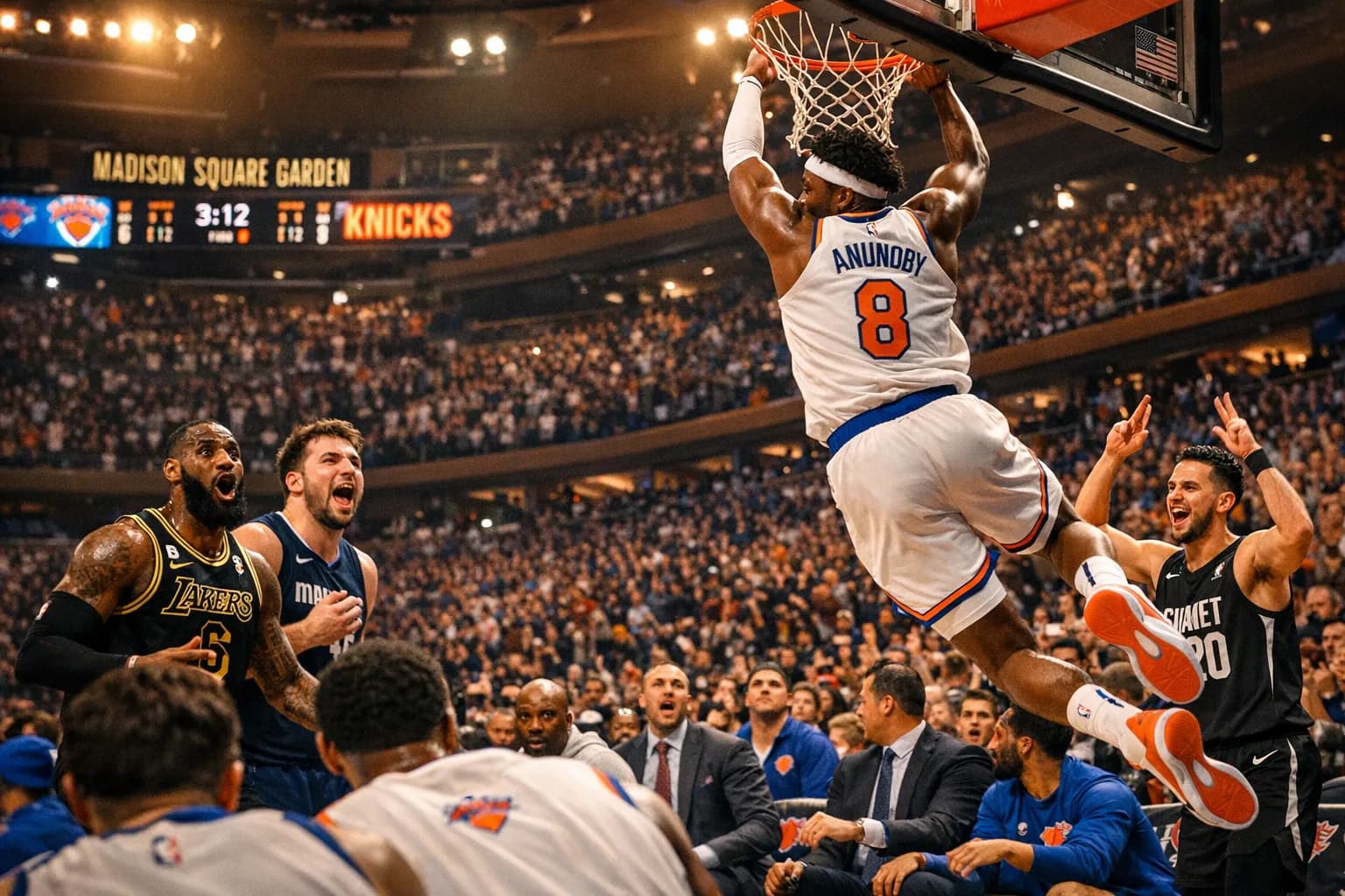 Knicks players celebrate at Madison Square Garden after defeating the Los Angeles Lakers, while LeBron James and Luka Dončić react on the court.