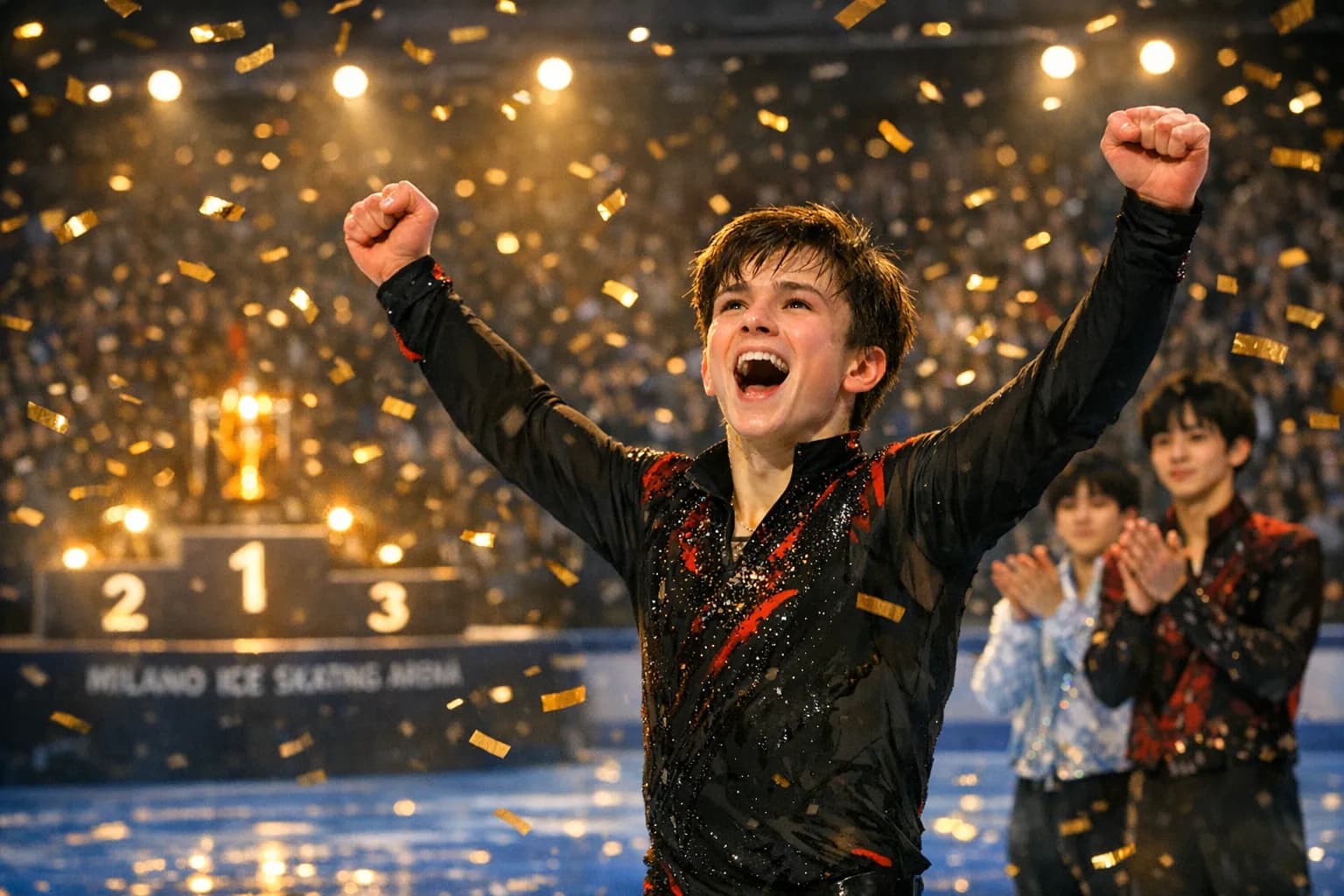 Mikhail Shaidorov celebrando en la pista del Milano Ice Skating Arena, confeti y público al fondo