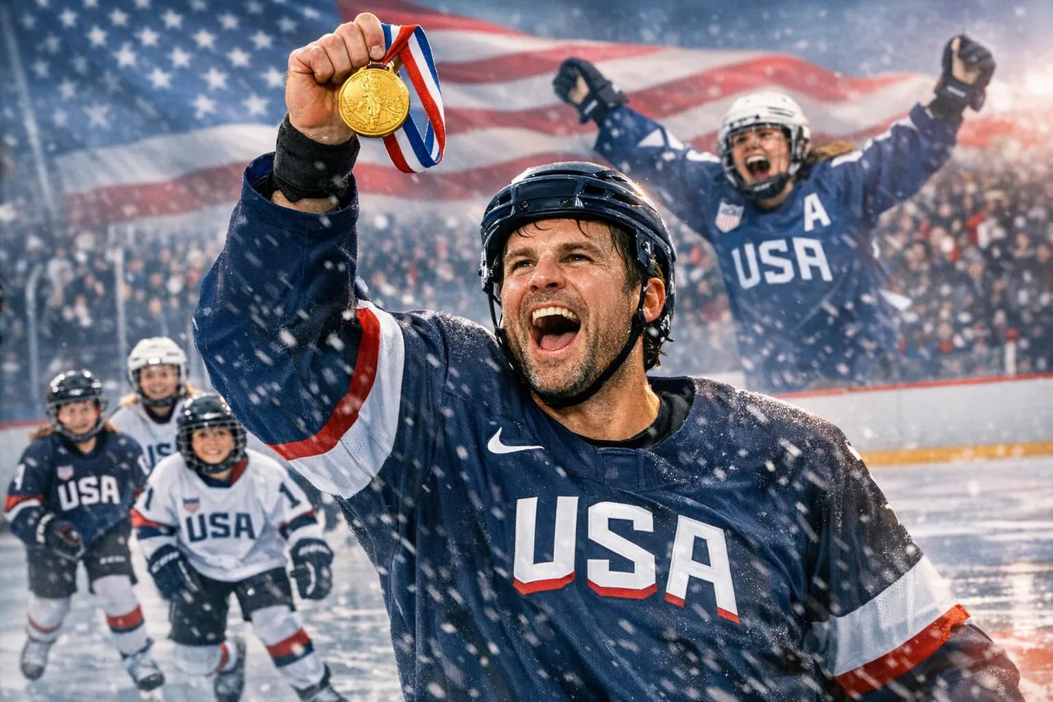 Team USA hockey players celebrating on ice with youth skaters in foreground and an American flag wash in the background