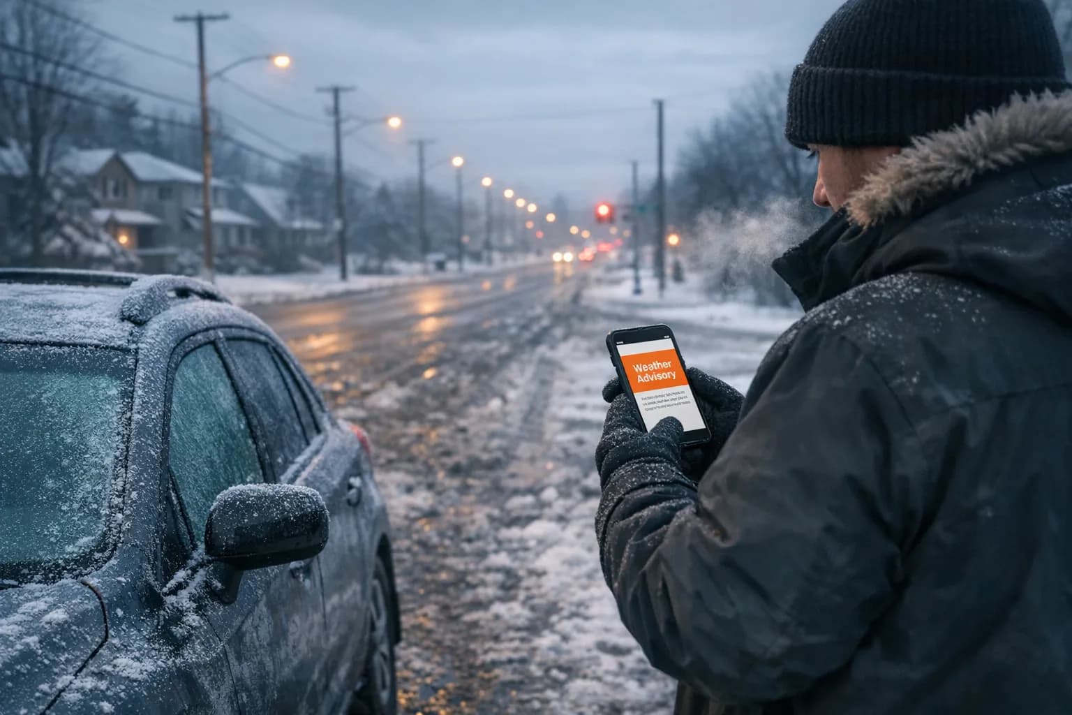 Person checking a smartphone showing a winter weather advisory, standing beside a snow covered suburban street with slushy road conditions.