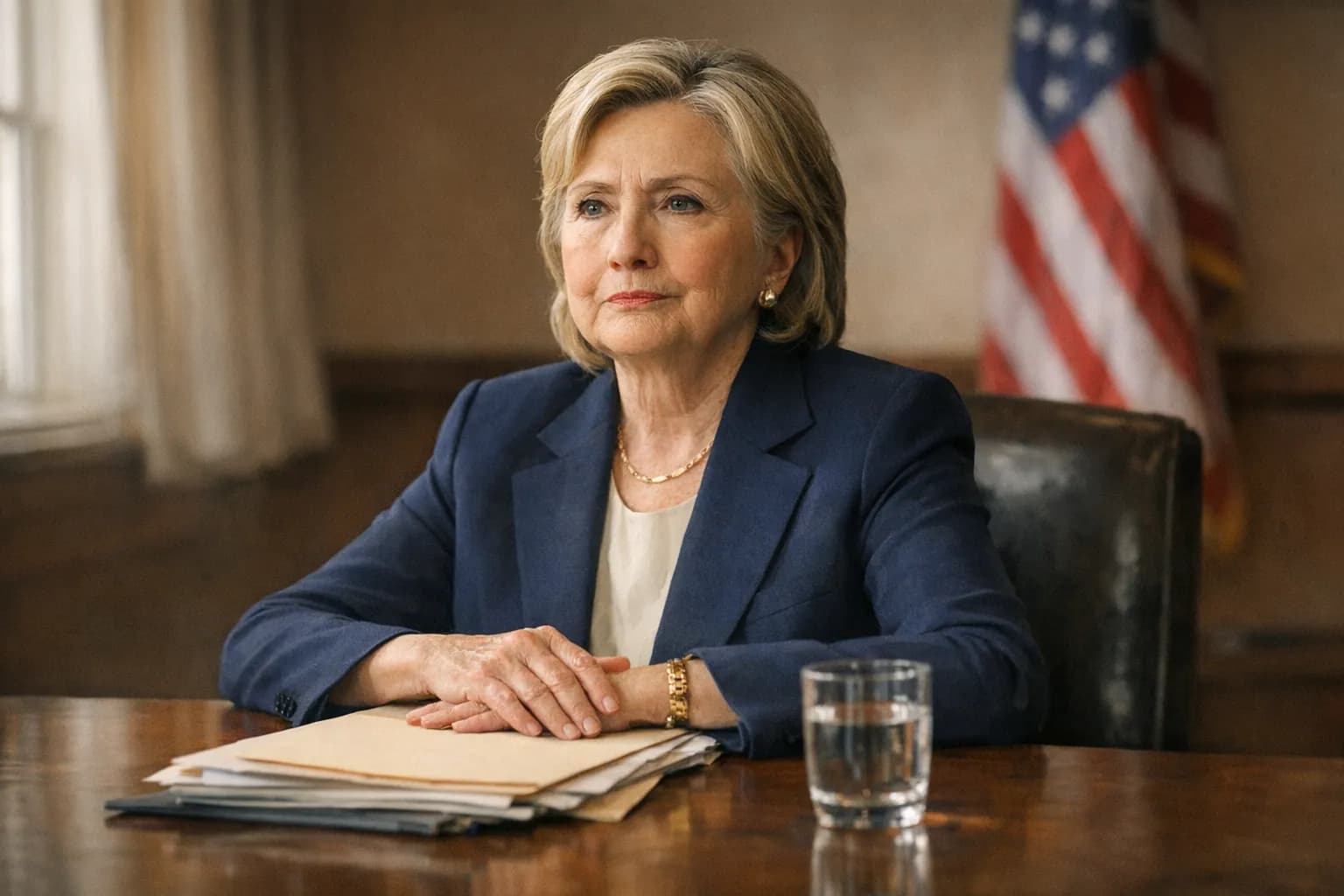 Hillary Clinton seated at a conference table during a closed-door deposition, looking composed, papers and a glass of water on the table.