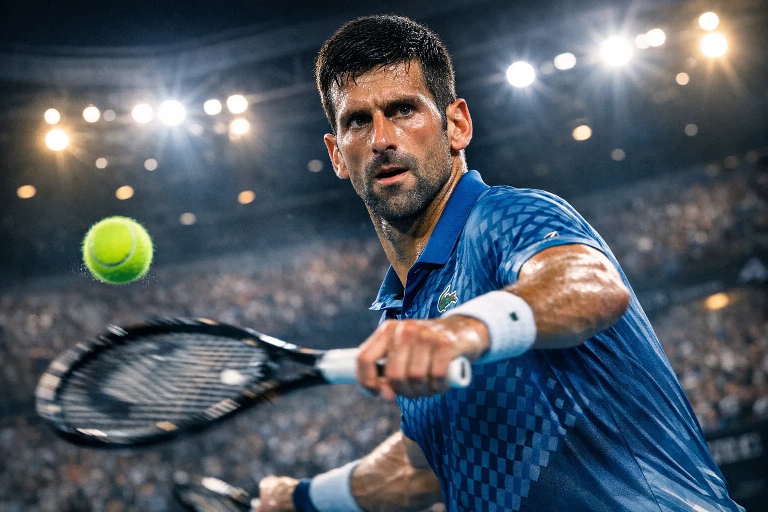 Novak Djokovic in mid-swing on Rod Laver Arena at night, focused expression, stadium lights and blurred crowd behind him