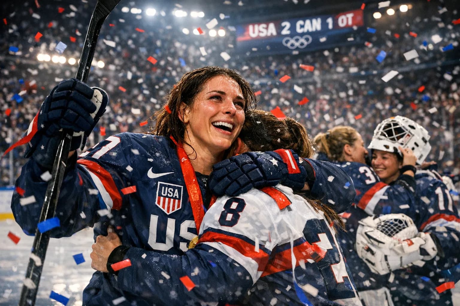 Team USA women's hockey players celebrating on the ice after a 2-1 overtime Olympic gold win over Canada, with captain Hilary Knight in the foreground.
