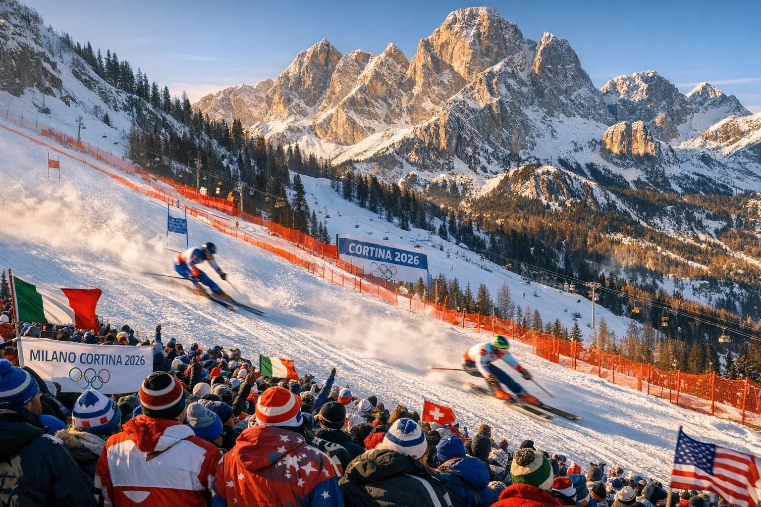 Alpine skiers racing down a snowy slope with cheering crowds and the Dolomite peaks in the background at the 2026 Winter Olympics.
