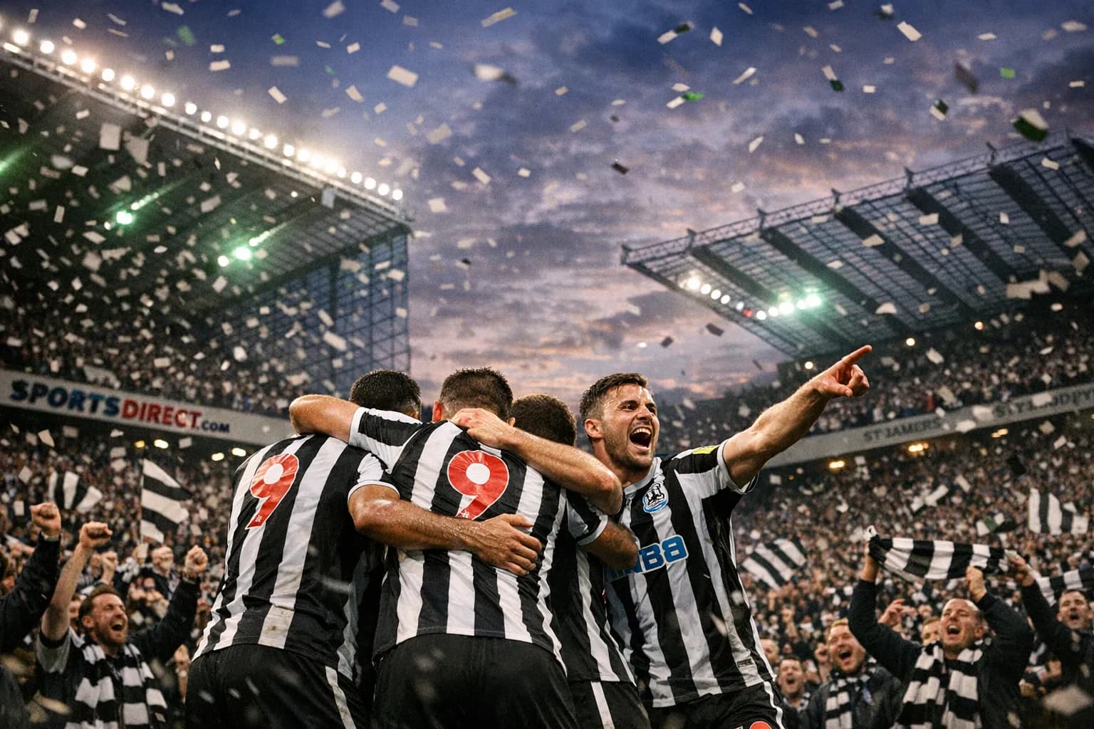 Newcastle players celebrating in front of ecstatic fans at St James' Park after advancing in the Champions League
