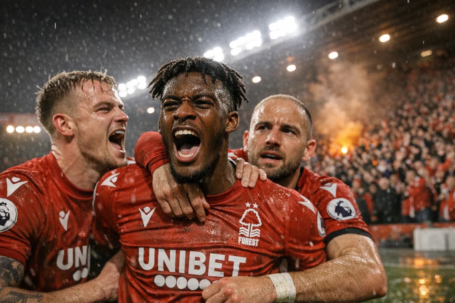 Callum Hudson-Odoi celebrating after scoring against Fenerbahçe at the City Ground, with flares visible in the stands and players reacting.