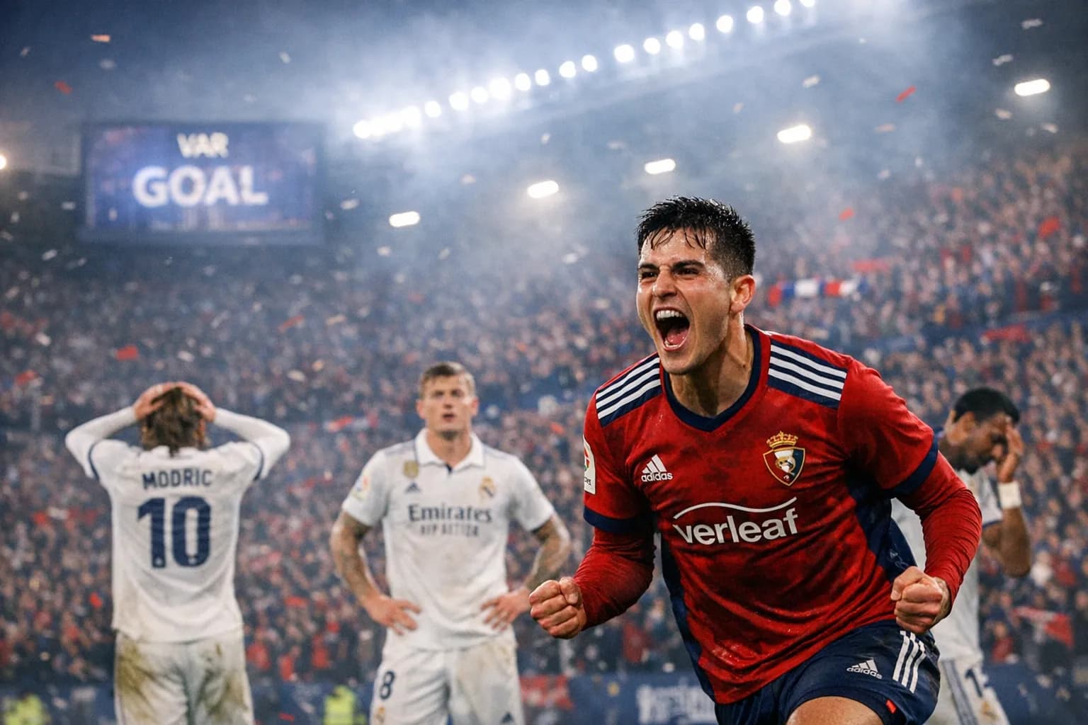 Raúl García celebrates a stoppage-time goal for Osasuna at Estadio El Sadar, while Real Madrid players look on, February 21, 2026.