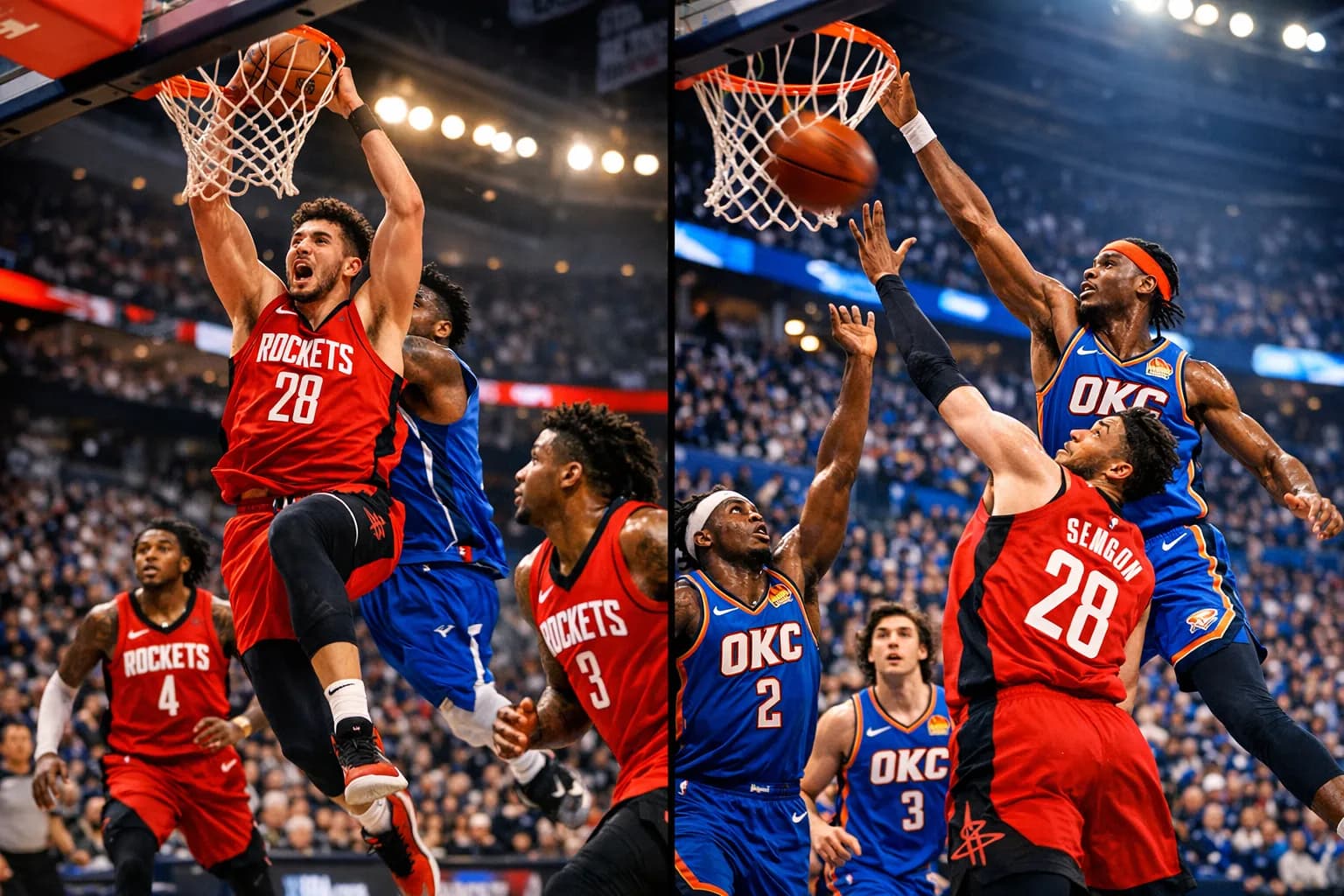 Houston Rockets player rising for a contested shot against Oklahoma City Thunder defenders in a packed arena, red and blue jerseys in motion under bright stadium lights.